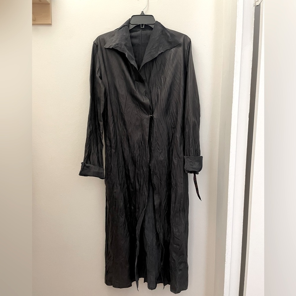 Vintage 80’ Full Leather Long Slim Coat  Washed BLACK size Xs-S